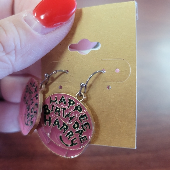 New Handmade Metal and Enamel Happy Birthday Harry Potter Dangle Earrings - Picture 2 of 5